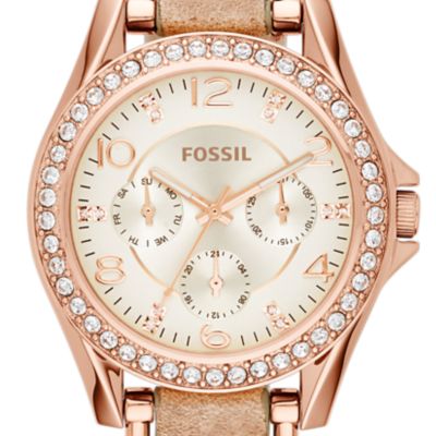 Riley Multifunction Rose Gold-Tone and Sand Leather Watch