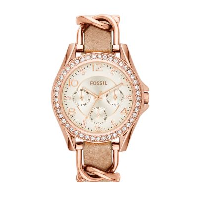 Montre multifonctionnelle Riley ton or rose et cuir sable