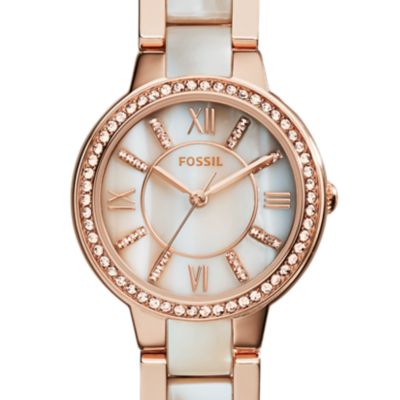 Virginia Three-Hand Day-Date Rose Gold-Tone and Horn Acetate Stainless Steel Watch