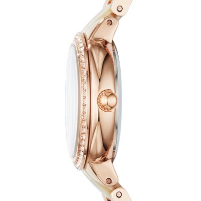 Virginia Three Hand Day Date Rose Gold Tone and Horn Acetate