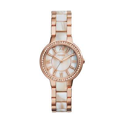 Virginia Three-Hand Day-Date Rose Gold-Tone and Horn Acetate Stainless Steel Watch