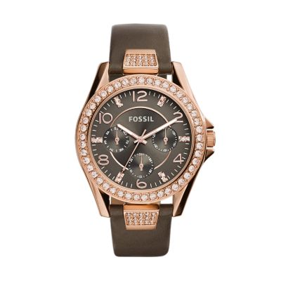 Riley Multifunction Grey Leather Watch - Fossil
