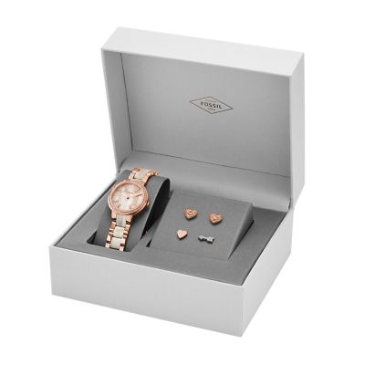 Virginia Three-Hand Stainless Steel Watch and Earring Set - Fossil