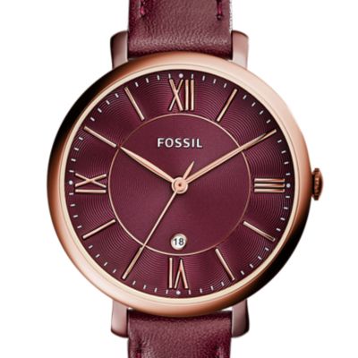Montre Jacqueline à trois aiguilles avec date en cuir bordeaux
