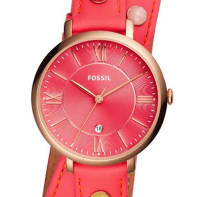 Montre Jacqueline à trois aiguilles avec date en cuir corail fluo