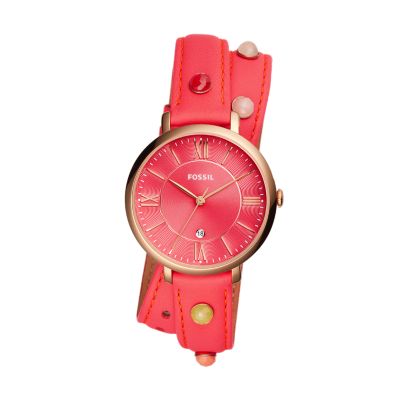 Montre Jacqueline à trois aiguilles avec date en cuir corail fluo