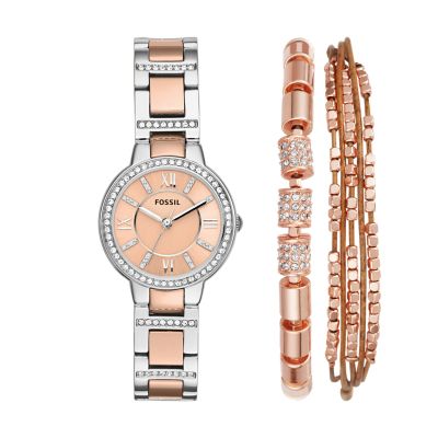 Coffret montre Virginia à trois aiguilles en acier inoxydable bicolore et bijoux