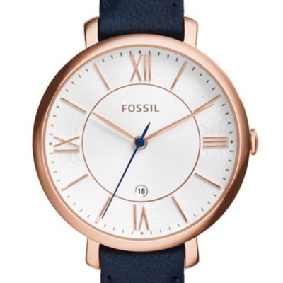 Coffret montre Jacqueline à trois aiguilles avec date en cuir bleu et boucles d'oreilles