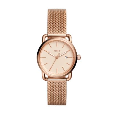 The Commuter Three-Hand Date Rose Gold-Tone Stainless Steel Watch - Fossil