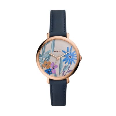 fossil jacqueline three hand navy leather watch