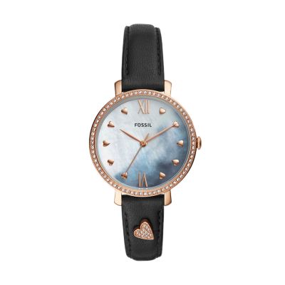 Jacqueline Three Hand Black Leather Watch