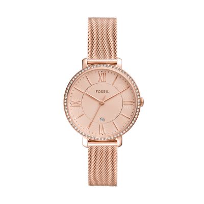 Montre Jacqueline à trois aiguilles avec date en acier inoxydable doré rose