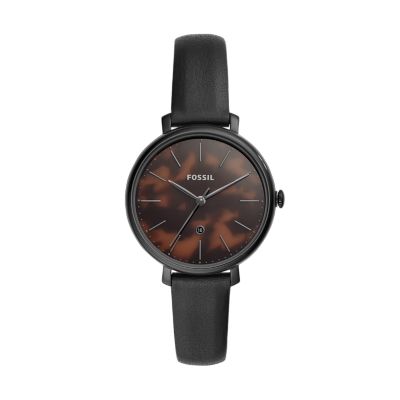 Jacqueline Three Hand Date Black Leather Watch