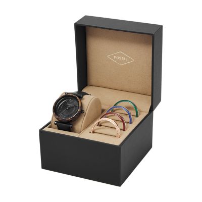 Carlie Three Hand Black Leather Watch Interchangeable Bezel Box