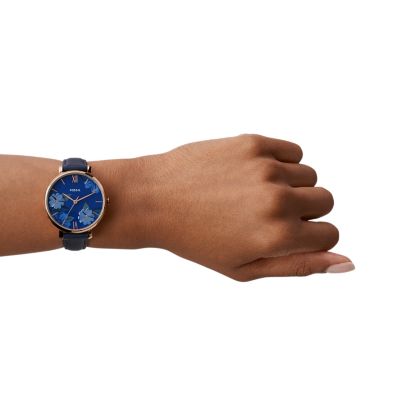 fossil jacqueline three hand navy leather watch