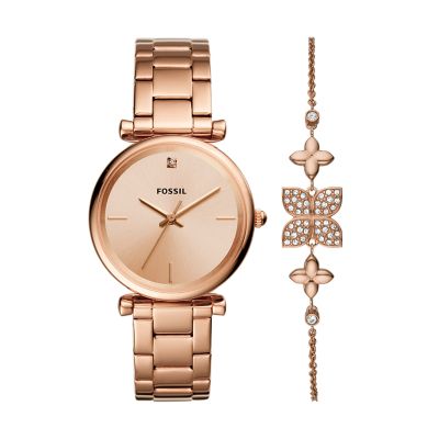 Fossil rose gold cheap watch and bracelet set