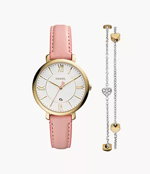 Jacqueline Three-Hand Date Light Pink Leather Watch and Bracelet Set