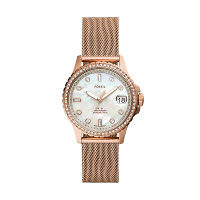 FB-01 Three-Hand Date Rose Gold-Tone Stainless Steel Mesh Watch