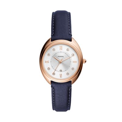 

Fossil Femmes Montre Gabby à trois aiguilles avec date en cuir bleu marine