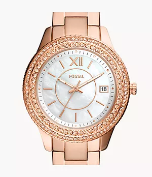 Reloj Stella de acero inoxidable en tono oro rosa con tres agujas y fecha