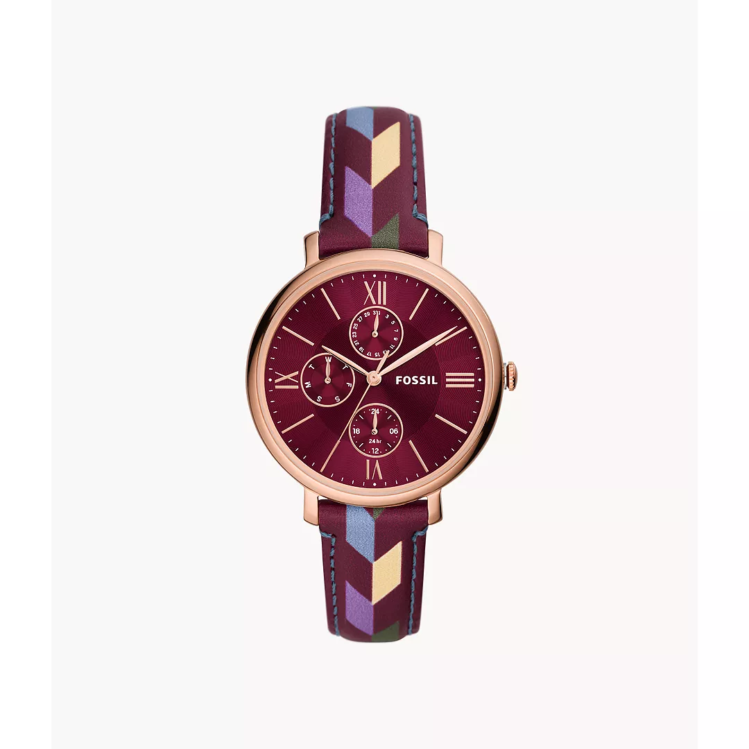 Fossil Women's Jacqueline Multifunction Chevron Patterned Burgundy Eco Leather Watch - Red