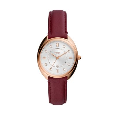 

Fossil Femmes Montre Gabby à trois aiguilles avec date en cuir écoresponsable bordeaux