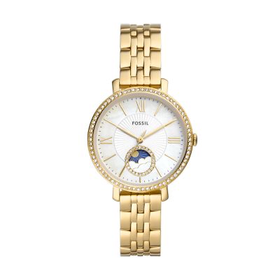 Jacqueline Sun Moon Multifunction Gold Tone Stainless Steel Watch