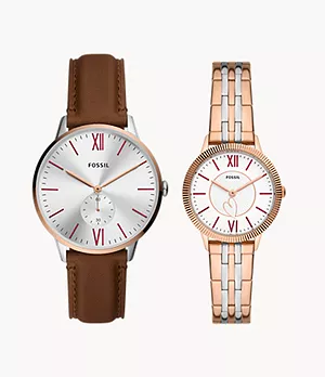 His and Hers Three-Hand Brown Leather and Two-Tone Stainless Steel Watch Set