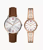 His and Hers Three-Hand Brown Leather and Two-Tone Stainless Steel Watch Set