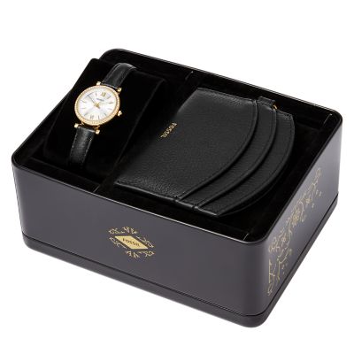 Carlie Three-Hand Black LiteHide™ Leather Watch and Card Case Box