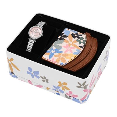 Carlie Three Hand Stainless Steel Watch and Card Case Box Set