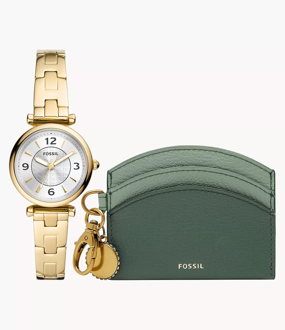 Fossil Women Carlie Three-Hand Gold-Tone Stainless Steel Watch and Card Case Box Set