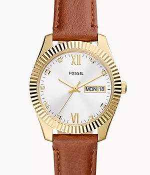 Scarlette Three-Hand Day-Date Tan Leather Watch