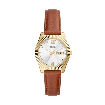 

Fossil Femmes Montre Scarlette à trois aiguilles avec date en cuir écoresponsable beige
