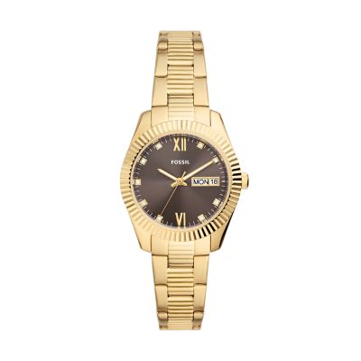 Scarlette Three Hand Day Date Gold Tone Stainless Steel Watch