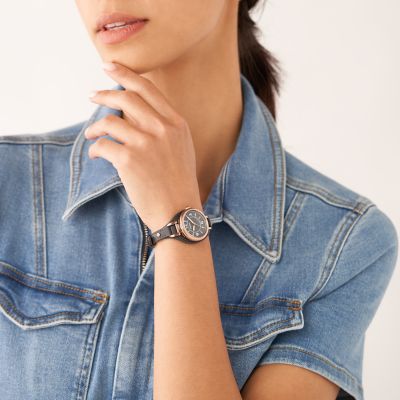 Fossil carlie three on sale hand leather watch