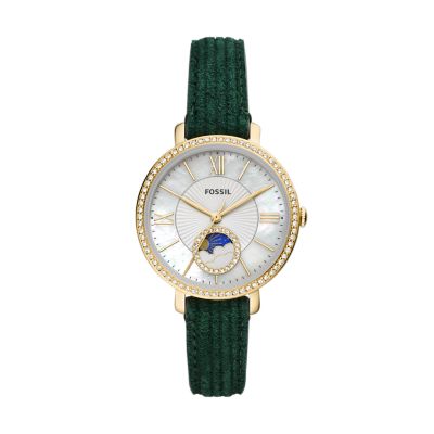 Fossil Women Jacqueline Sun Moon Multifunction Green Leather Watch