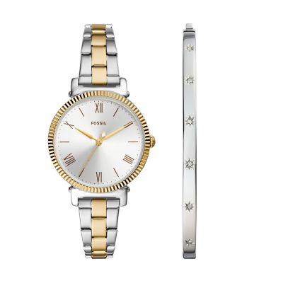 Daisy Three Hand Two Tone Stainless Steel Watch and Bracelet Set