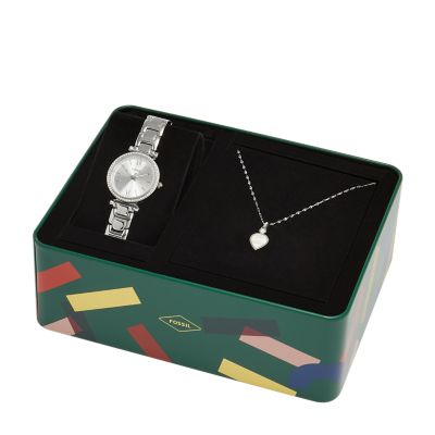Carlie Three-Hand Stainless Steel Watch and Necklace Set