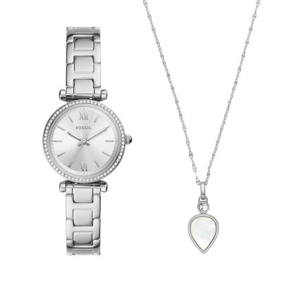 Fossil Women Carlie Three-Hand Stainless Steel Watch and Necklace Set