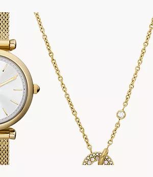 Carlie Three-Hand Gold-Tone Stainless Steel Mesh Watch and Jewellery Set