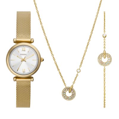 Fossil Women Carlie Three-Hand Gold-Tone Stainless Steel Mesh Watch and Jewellery Set