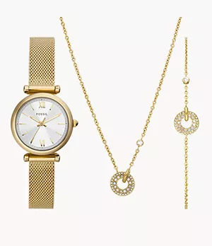 Conjunto con reloj Carlie de malla de acero inoxidable en tono dorado con tres agujas y joyería