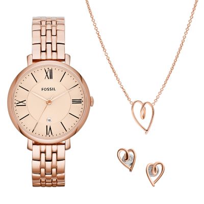 Fossil Women Jacqueline Three-Hand Date Rose Gold-Tone Stainless Steel Watch and Jewellery Set