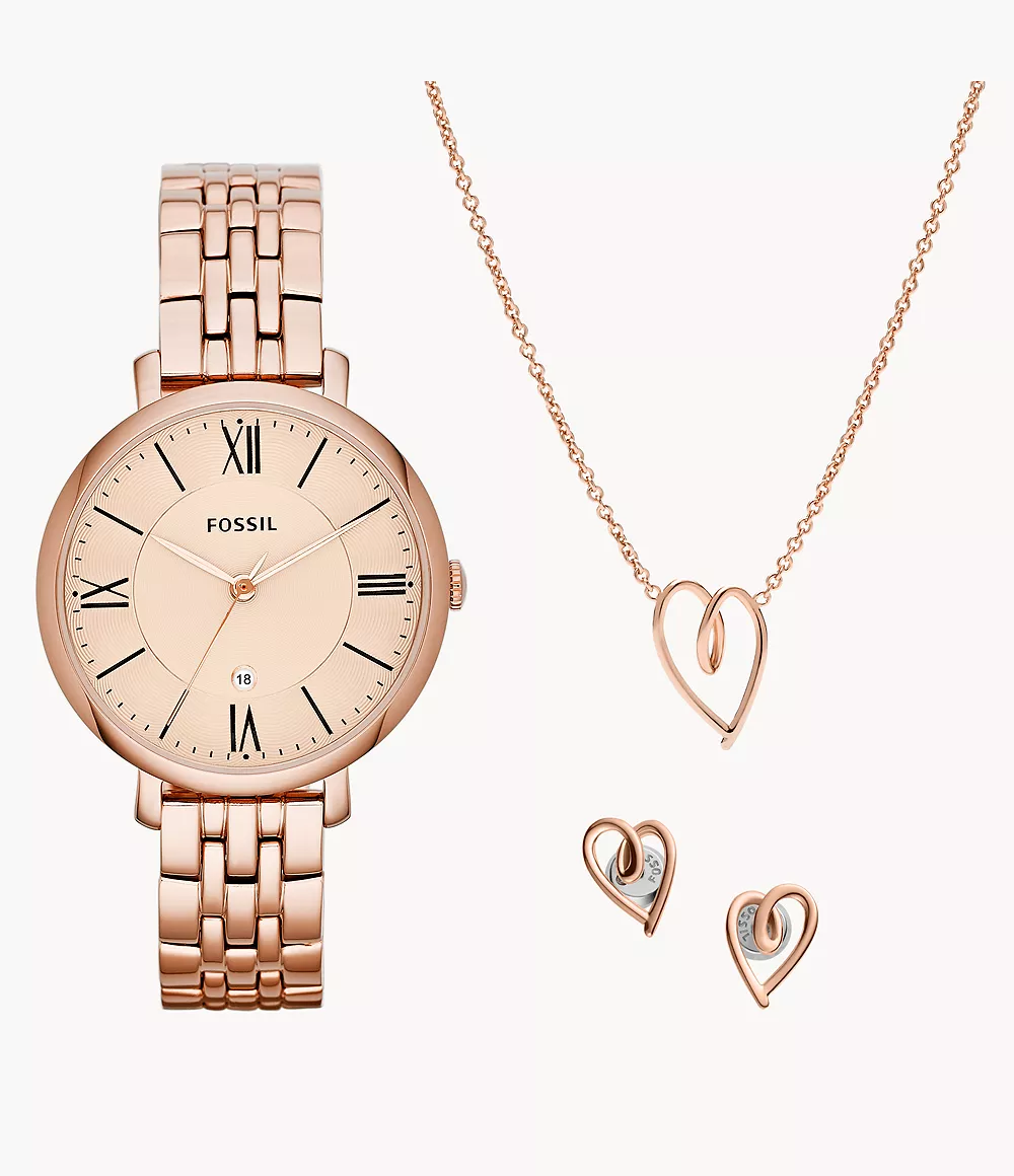 Fossil Women Jacqueline Three-Hand Date Rose Gold-Tone Stainless Steel Watch and Jewellery Set