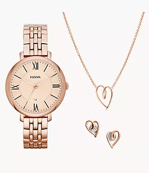 Coffret de montre à trois aiguilles avec date en acier inoxydable ton or rose Jacqueline et bijoux