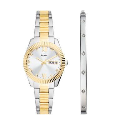 Fossil Women Scarlette Three-Hand Day-Date Two-Tone Stainless Steel Watch and Bracelet Set