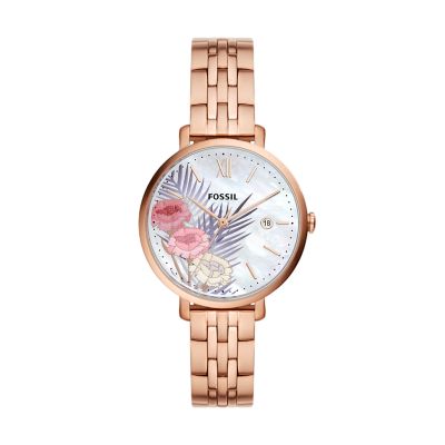 Jacqueline Three Hand Date Rose Gold Tone Stainless Steel Watch ES5185 Fossil