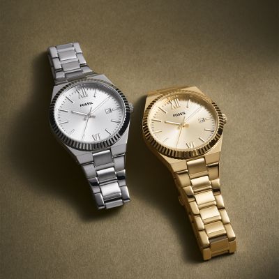 Montre à trois aiguilles avec date en acier inoxydable Scarlette