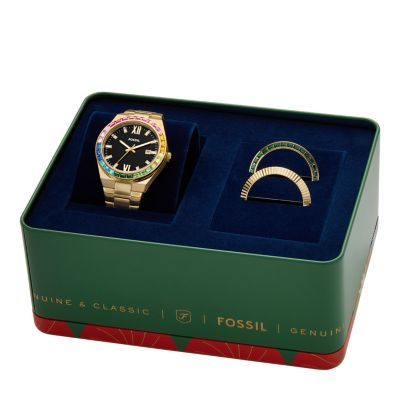 Scarlette Three-Hand Date Gold-Tone Stainless Steel Watch and Topring Box Set